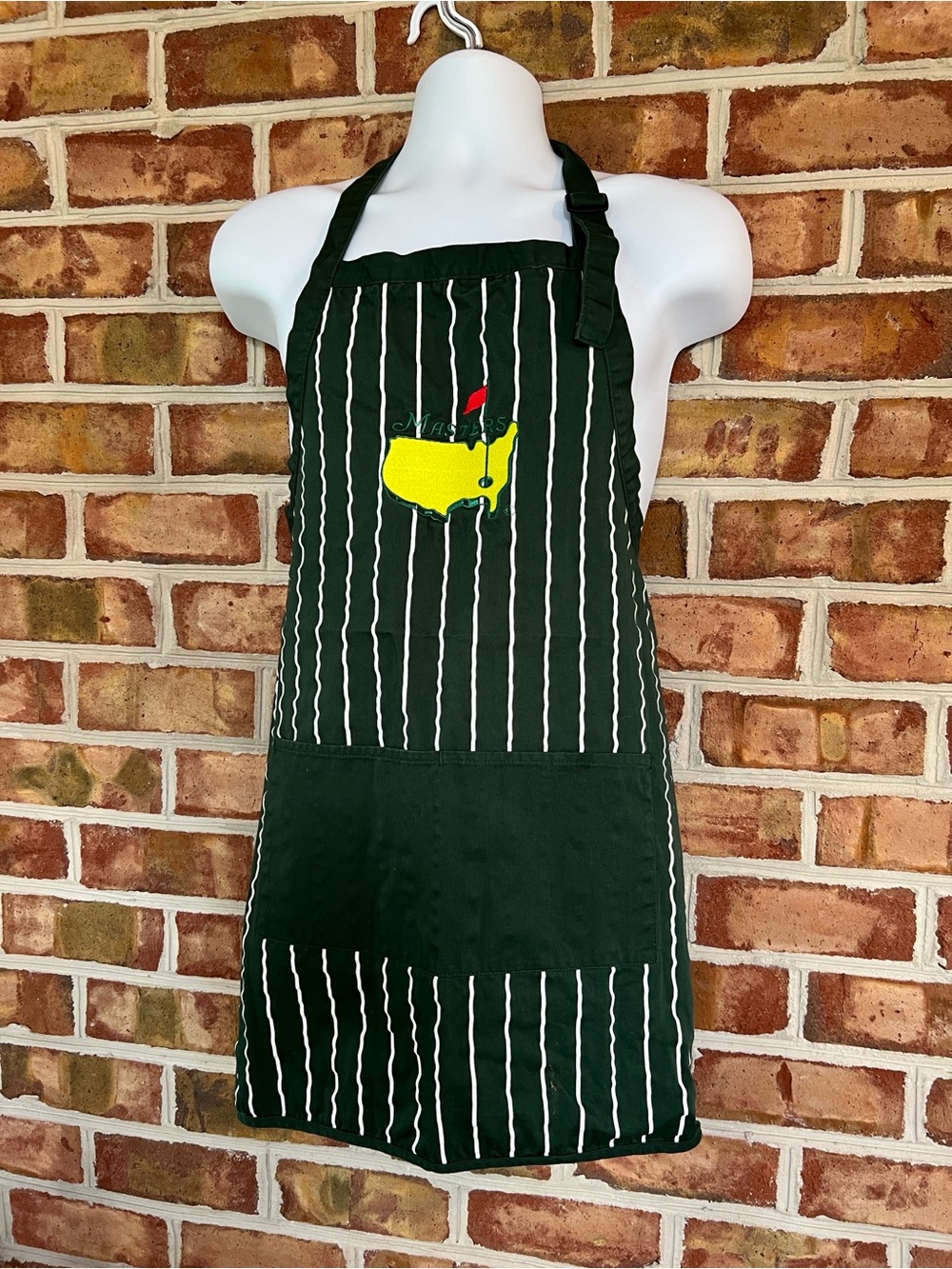 Masters Golf Dark Green Pinstripe Apron with Yellow & Red Golf Emblem